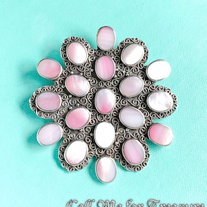 LARGE Sterling Silver Mother Of Pearl Filigree Brooch / Chunky Pin