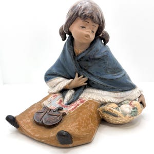 May include: A ceramic figurine of a seated figure with brown hair in pigtails, wearing a blue shawl with white trim over a tan skirt. The figure has one hand on their chest and sits beside a woven basket containing round, light-colored objects.