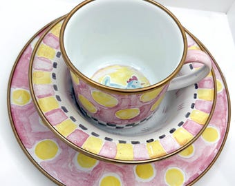 Vintage MacKenzie Childs emaille haan polkadot servies set van mok met 3 borden