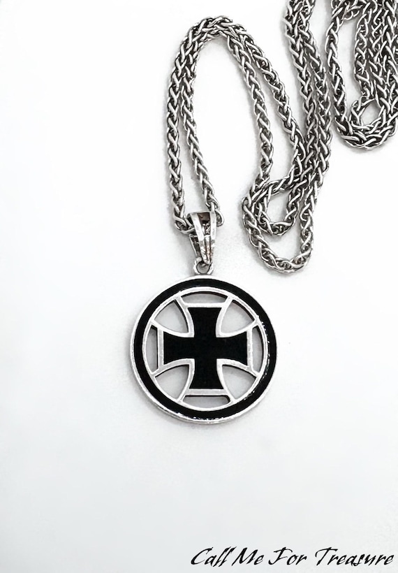 Sterling Silver Templar Cross Necklace / Round Medallion Biker Jewelry