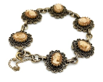 Vintage Gold Plated 925 Silver Lady Cameo Filigree Bracelet 7” / Victorian Jewelry