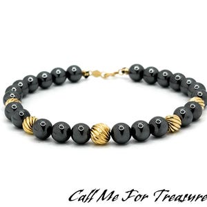 14 K Gold Hematite Bead Bracelet / Fone Gold Jewelry