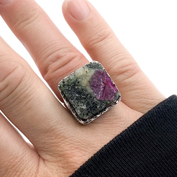 Sterling Silver Ruby in Zoisite Large Ring Size 6 / Raw Gemstone Jewelry