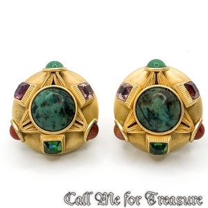 Vintage Natasha Stambouli Clip on Gold Tone Dangle Earrings, Opals  