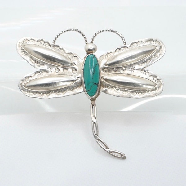 LARGE Navajo Tim Yazzie Sterling Silver Turquoise Dragonfly Brooch / Native American Jewelry