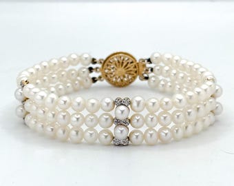 Vintage 14k Gold 3-Strand White Pearl Bracelet / Solid Gold Jewelry