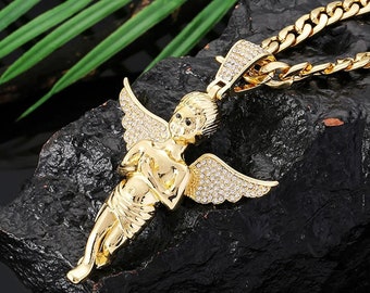 Large Praying Wings Angel Pendant Iced Out Necklace With Cuban Link Chain