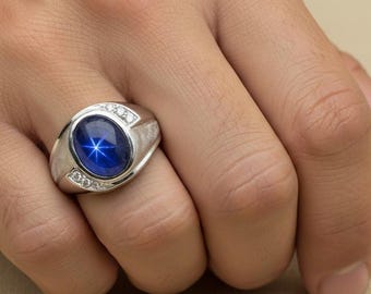 Men's 14K White Gold Star Sapphire Diamond Pinky Ring Size 6.5 - Estate Vintage Ring