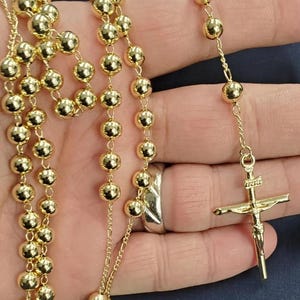 Catholic Rosary Pray Beads Necklace with Virgin Mary Medallion Cross Crucifix 14k Gold Plated Rosarios Catolicos  Con Virgen  Oro Laminado