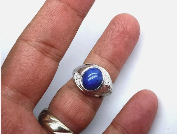 Men's 14K White Gold Star Sapphire Diamond Pinky Ring… - Gem