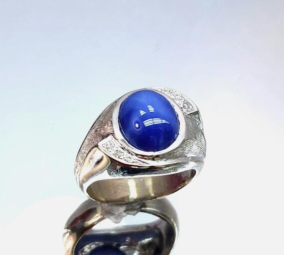 Men's 14K White Gold Star Sapphire Diamond Pinky Ring… - Gem