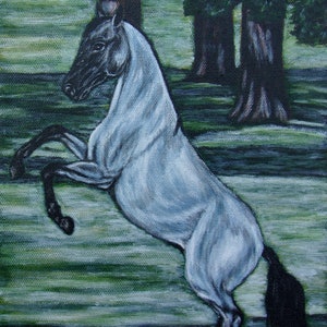 May include: A white horse with a black mane and tail stands on its hind legs in a green field. The horse is painted in a realistic style with visible brushstrokes.