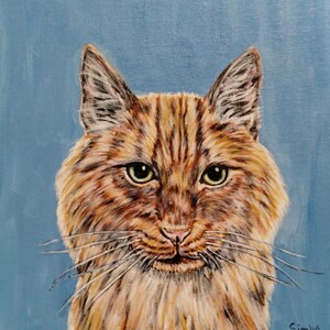 May include: A painting of a ginger cat with green eyes. The cat is looking directly at the viewer. The background is a light blue color. The painting is signed "Simba" and "Janelle Bison 2023".