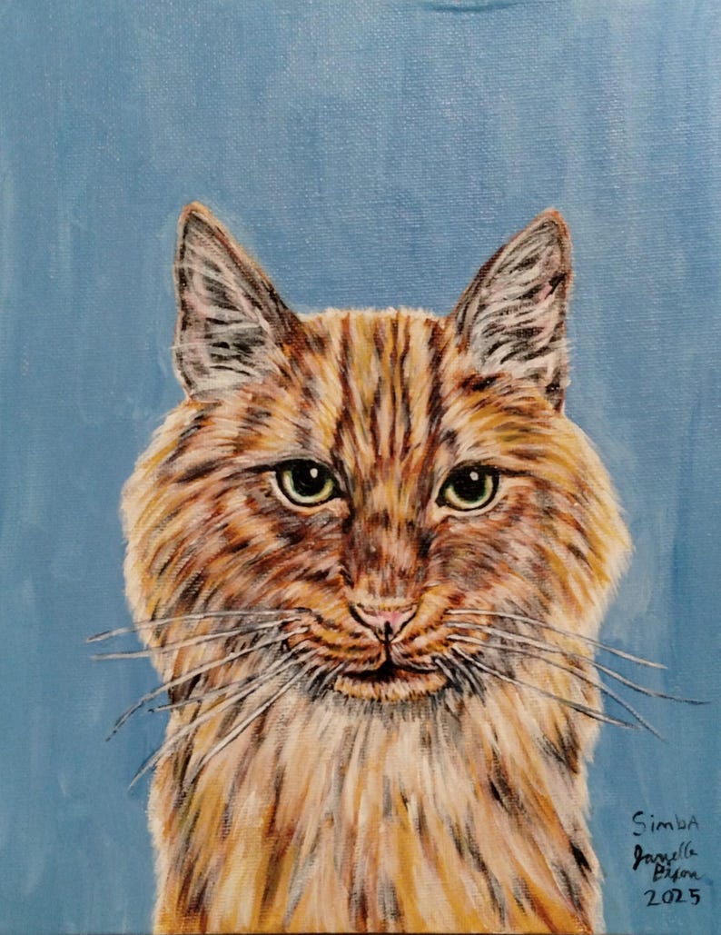 May include: A painting of a ginger cat with green eyes. The cat is looking directly at the viewer. The background is a light blue color. The painting is signed "Simba" and "Janelle Bison 2023".