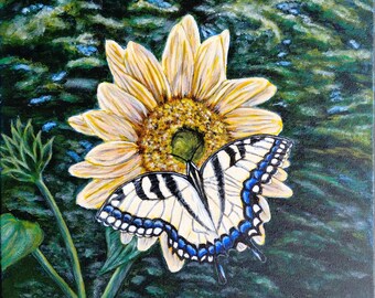 May include: A yellow sunflower with a black and white swallowtail butterfly perched on it. The background is a dark green with blue and white swirls.