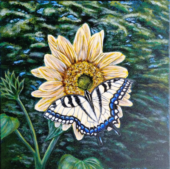 アゲハチョウとヒマワリのアクリル画：オリジナルウォールアート
