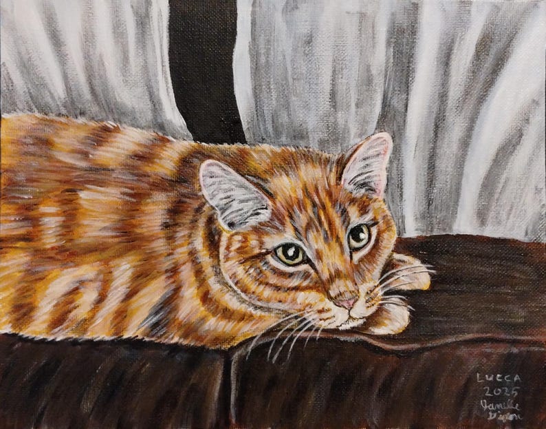 May include: A painting of a tabby cat with orange and brown fur, lying on a brown surface with its head resting on its paws. The cat has green eyes and white fur on its ears. The background is a white curtain.