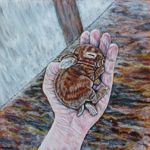 Sleeping baby rabbit original acrylic painting on wood panel rabbit animal bunny art easter home wall living room decor