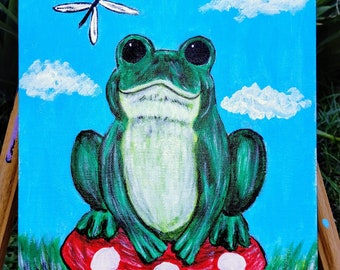 Frog on Toadstool: Original Acrylic Painting, Animal Art (8x10 in)