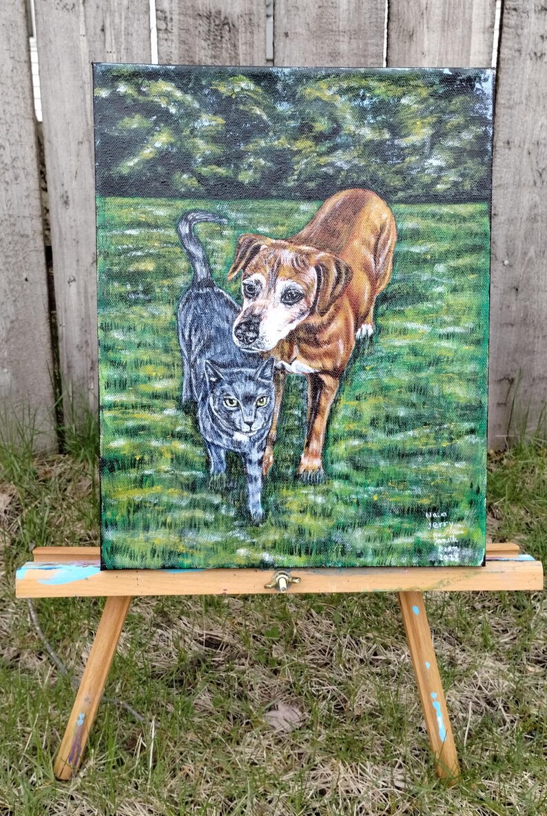 May include: A painting on canvas of a brown dog and a gray cat standing in a green grassy field. The dog is looking at the cat, and the cat is looking at the viewer. The painting is signed "Vale Jerry 2023".