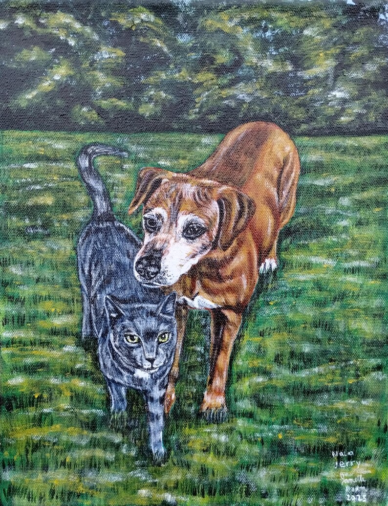 May include: A painting of a brown dog and a gray cat standing in a grassy field. The dog is looking at the cat, and the cat is looking at the viewer. The painting is signed "Vaca Jerry Smith 2013".