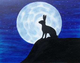 Custom Rabbit and Blue Moon Painting: Made-to-Order Acrylic Art