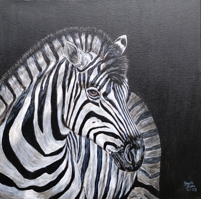 May include: A black and white zebra painting on a black background. The zebra's head is turned to the side, and its eye is visible. The painting is signed and dated in the bottom right corner.