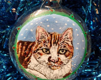 May include: A hand-painted glass Christmas ornament featuring a tabby cat with white markings. The cat is painted against a blue background with white snowflakes and a green border.