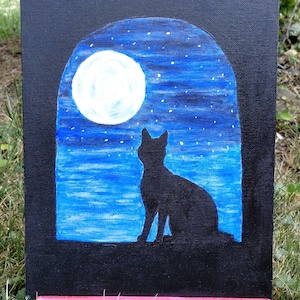 Original hand painted cat in window moon painting, silhouette, acrylic painting, cat moon art, animal painting, home decor