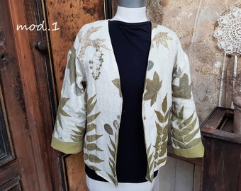 Veste kimono ecoprint, veste lin, impressions végétales naturelles, imprimé botanique