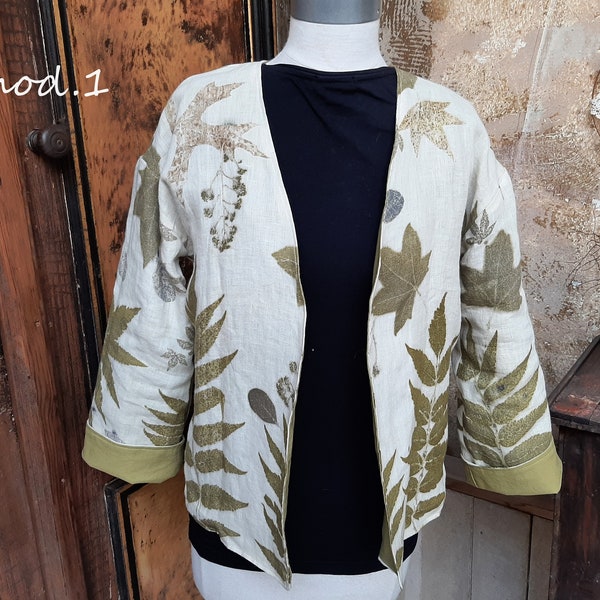 Veste kimono ecoprint, veste lin, impressions végétales naturelles, imprimé botanique