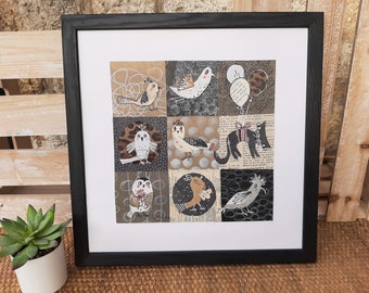 Vogel-Katzen-Gemälde, Katzen-Wanddekoration, Collage, Katzen-Wohnkultur, Illustration, Einzelstück, Originalzeichnung, naive Kunst, Vögel