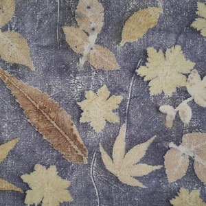 May include: A close-up of a fabric with a variety of pressed leaves in shades of brown and yellow. The leaves are arranged in a random pattern on a dark gray background.