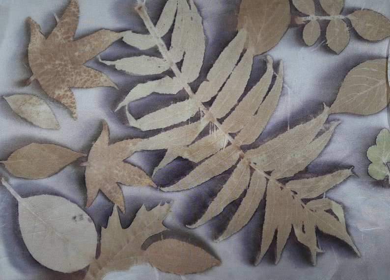 May include: A close-up of a fabric with a variety of pressed leaves in shades of brown and beige. The leaves are arranged in a random pattern and create a natural, organic design.