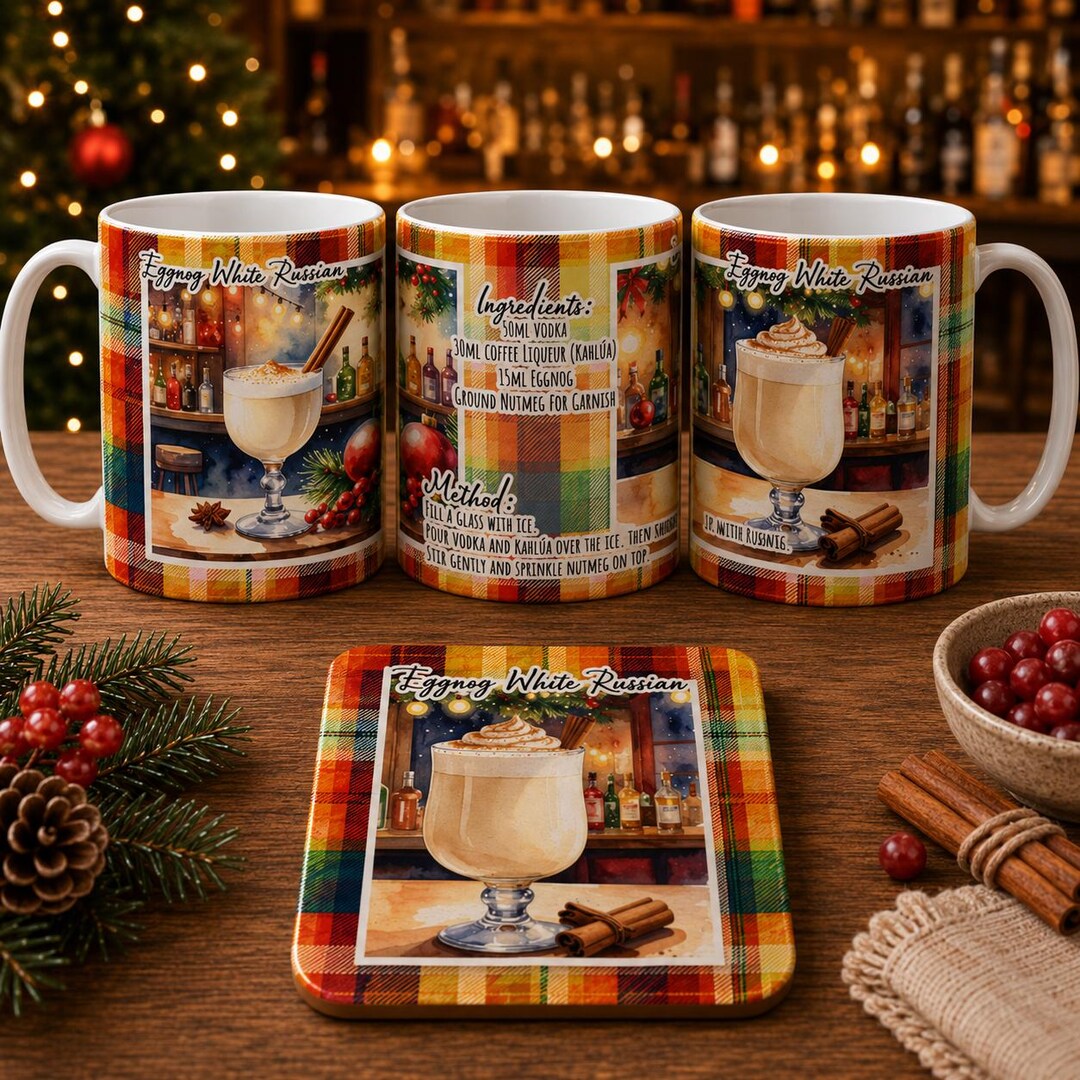 Eggnog White Russian Mug & Coaster PNG | Christmas Cocktail Recipe