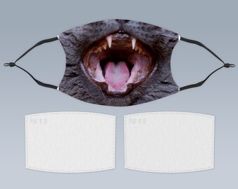 Funny cat face mask with filter pocket. 2 x pm2.5 filters included. black ear loops with rubber stoppers. available in 3 sizes