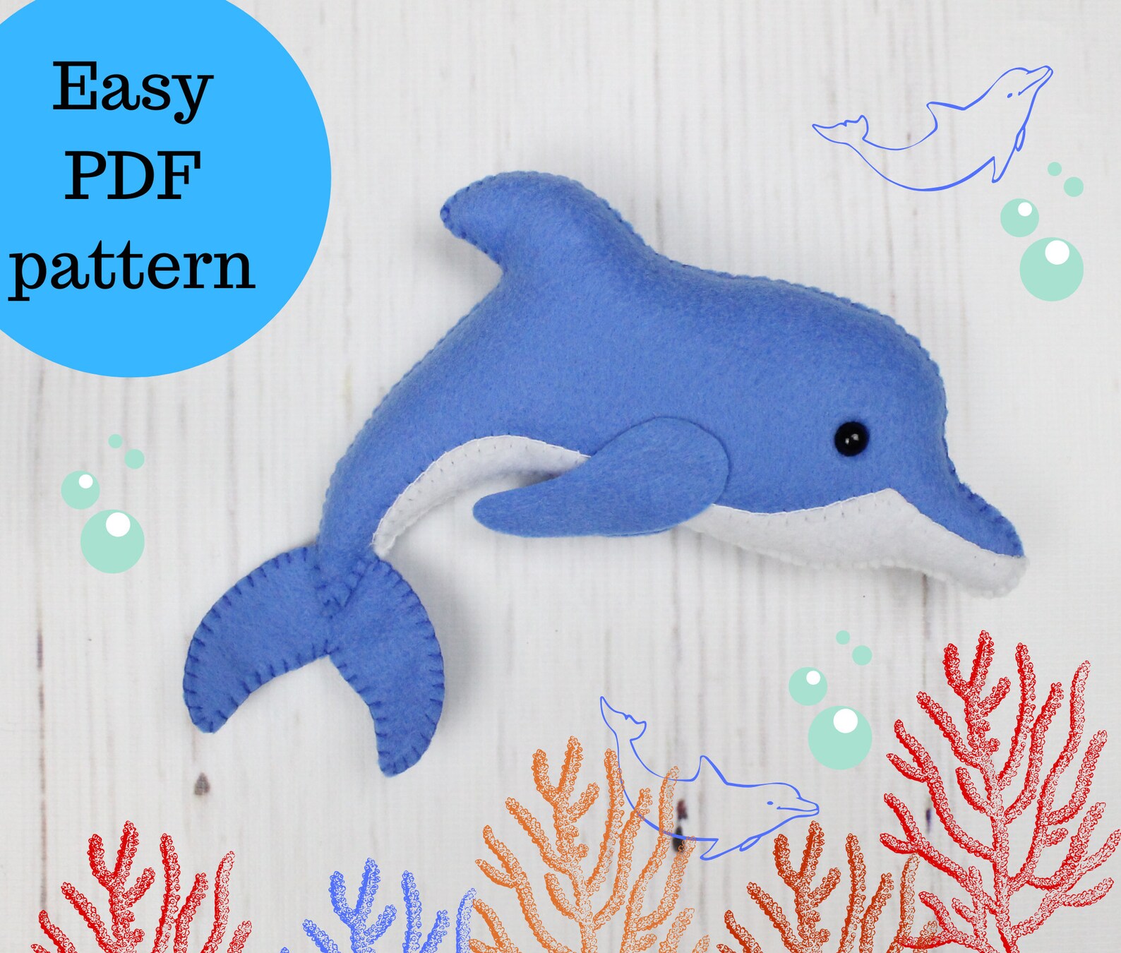 Felt Dolphin sewing PDF pattern Sea creatures plushie toy Etsy