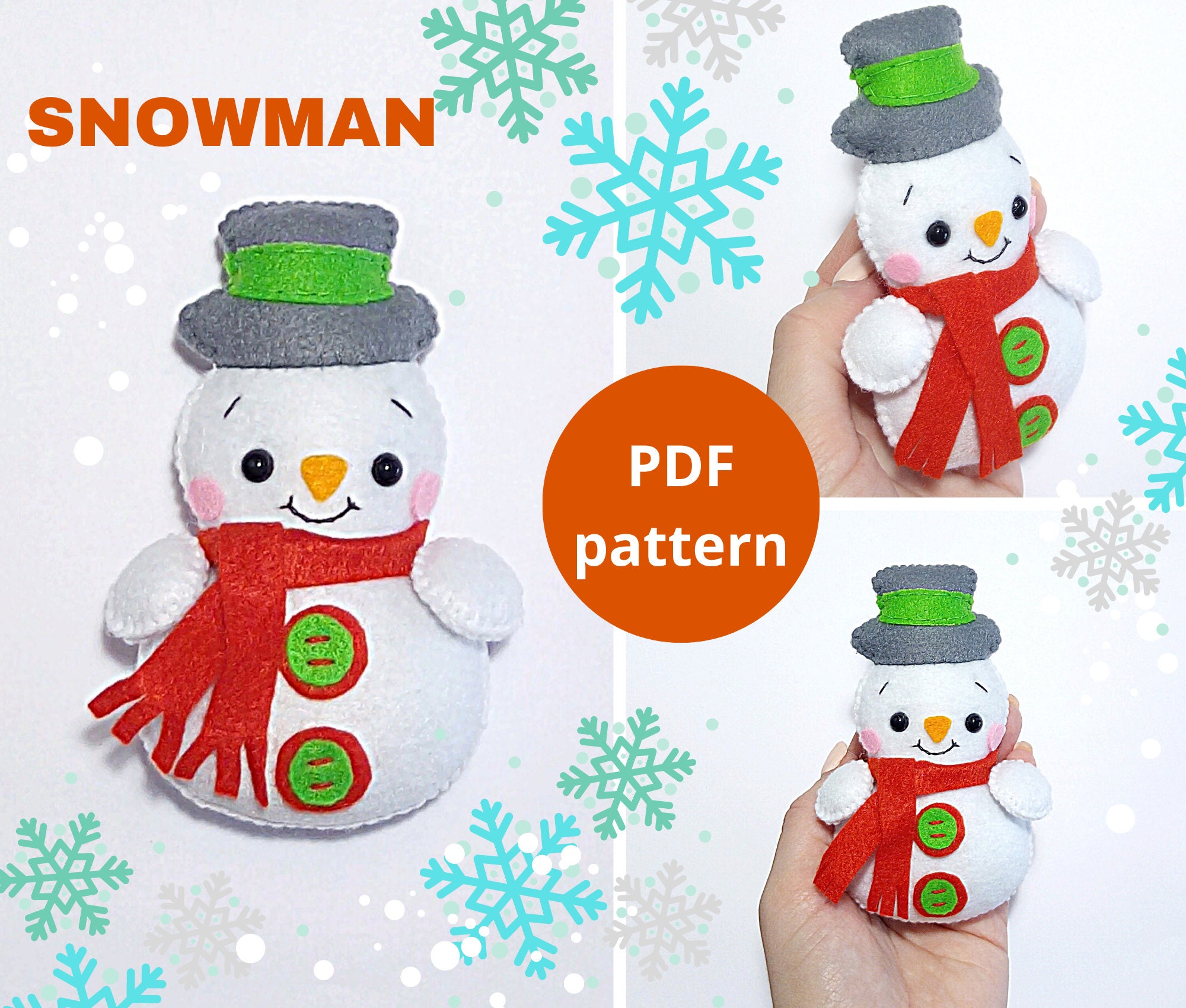 Felt Snowman sewing pattern PDF Easy DIY plush felt pattern Etsy