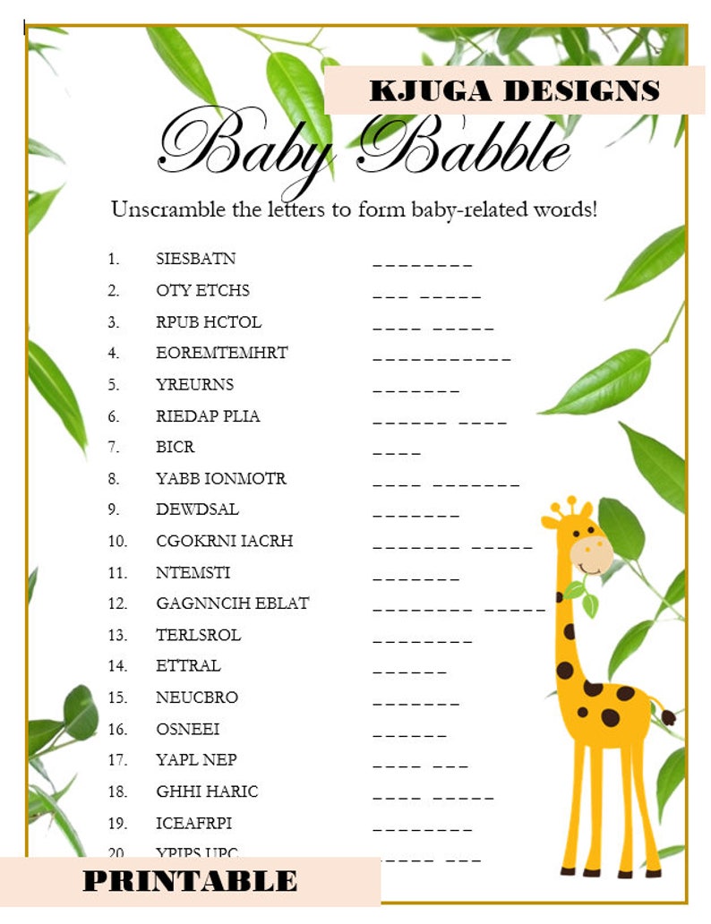 Safari Theme Baby Shower Baby Babble Game INSTANT DOWNLOAD