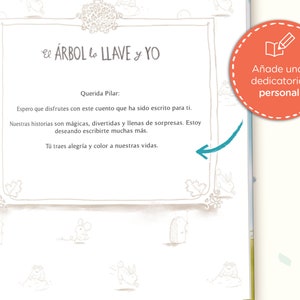 Peut inclure: Un livre avec un fond blanc et une bordure marron. Le titre du livre est "El &Aacute;RBOL la LLAVE y YO". Le texte sur la page dit "Querida Pilar: Espero que disfrutes con este cuento que ha sido escrito para ti. Nuestras historias son m&aacute;gicas, divertidas y llenas de sorpresas. Estoy deseando escribirte muchas m&aacute;s. T&uacute; traes alegr&iacute;a y color a nuestras vidas."
