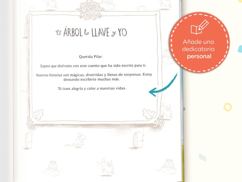 Peut inclure: Un livre avec un fond blanc et une bordure marron. Le titre du livre est "El &Aacute;RBOL la LLAVE y YO". Le texte sur la page dit "Querida Pilar: Espero que disfrutes con este cuento que ha sido escrito para ti. Nuestras historias son m&aacute;gicas, divertidas y llenas de sorpresas. Estoy deseando escribirte muchas m&aacute;s. T&uacute; traes alegr&iacute;a y color a nuestras vidas."