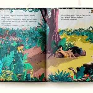 May include: An open children's book featuring a colorful jungle illustration. The left page shows a child in a yellow shirt searching through dense foliage. The right page depicts Mowgli, Baloo, and Bagheera resting in a sunlit clearing.