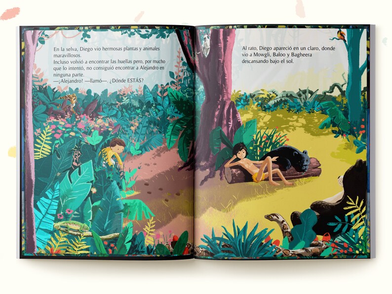 May include: An open children's book featuring a colorful jungle illustration. The left page shows a child in a yellow shirt searching through dense foliage. The right page depicts Mowgli, Baloo, and Bagheera resting in a sunlit clearing.