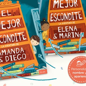 May include: Two illustrated children's book covers titled EL MEJOR ESCONDITE LA AVENTURA DE AMANDA & DIEGO and EL MEJOR ESCONDITE LA AVENTURA DE ELENA & MARINA. The covers feature orange bookshelves, cartoon characters, and a red circular badge with text.