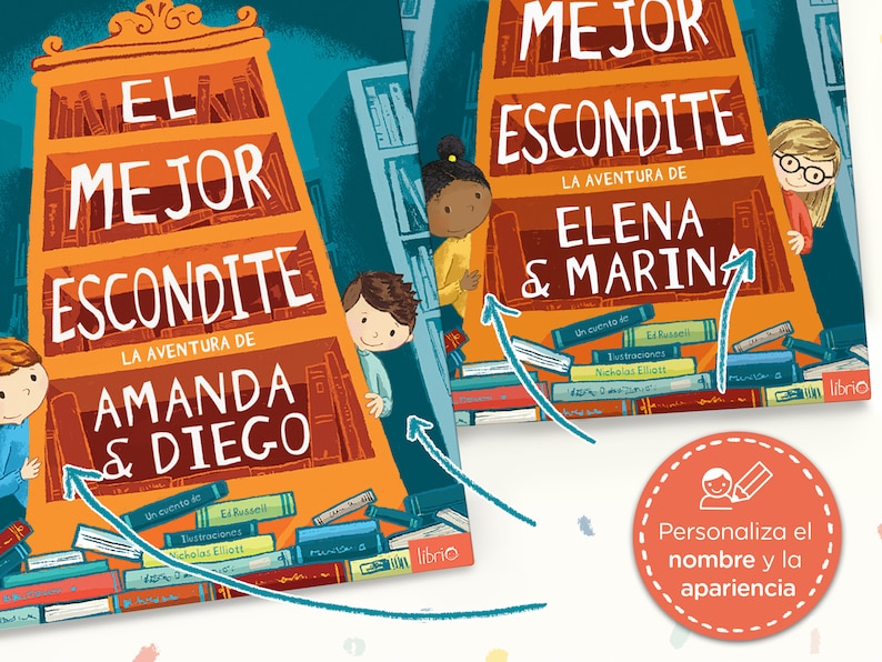 May include: Two illustrated children's book covers titled EL MEJOR ESCONDITE LA AVENTURA DE AMANDA & DIEGO and EL MEJOR ESCONDITE LA AVENTURA DE ELENA & MARINA. The covers feature orange bookshelves, cartoon characters, and a red circular badge with text.