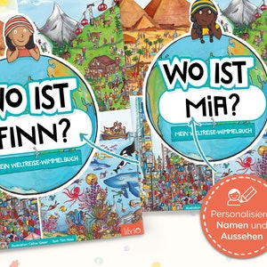 May include: Two children's picture books titled Wo ist Finn? and Wo ist Mia? featuring colorful illustrations of global landscapes, including pyramids, mountains, and underwater scenes. The covers show a globe graphic and a circular badge with the text Personalisiere Namen und Aussehen.