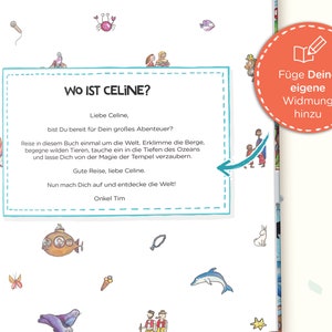 May include: A book page featuring a personalized dedication titled WO IST CELINE? with German text surrounded by small colorful illustrations of a submarine, dolphin, seal, and other icons. A circular orange badge indicates where to add a custom dedication.