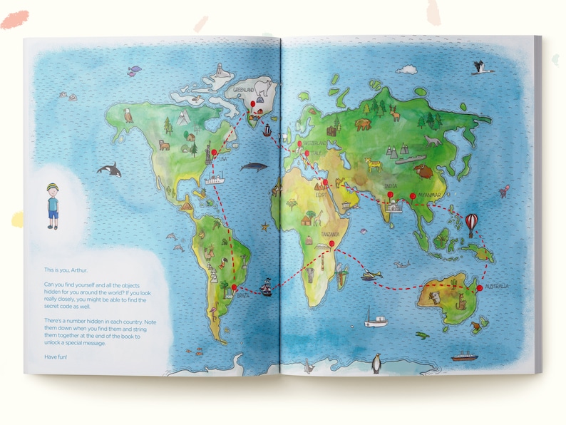 Personalized Search-And-Find 'World Trip Book, Gifts for Kids 2-7, Add your secret message, Unique Gift, Birthday Present image 7