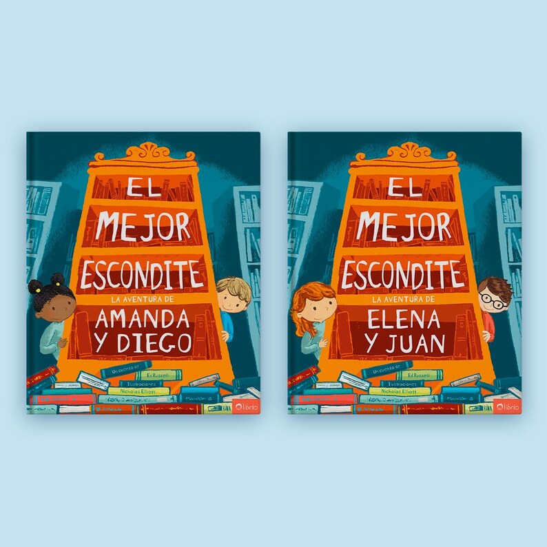 May include: Two children's books with orange bookshelf illustrations on the covers. The left cover reads EL MEJOR ESCONDITE LA AVENTURA DE AMANDA Y DIEGO. The right cover reads EL MEJOR ESCONDITE LA AVENTURA DE ELENA Y JUAN. Both feature colorful books.