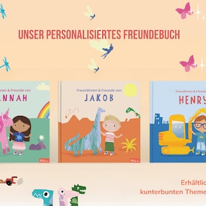 May include: Three personalized children's books with colorful illustrations. The books feature names like Hannah, Jakob, and Henry. The covers showcase a unicorn, a dinosaur, and a construction vehicle. The text at the top says "Our Personalized Friendship Book."